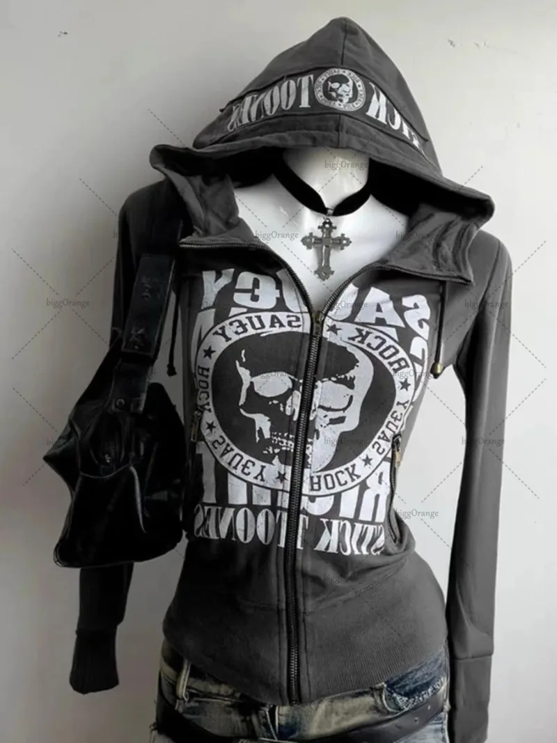 American Harajuku Retro Personalized Printed Casual Versatile Zipper Hoodie Men High Street Trendy Oversized Sweatshirt Women