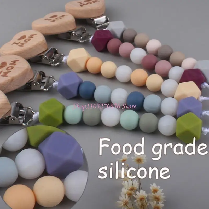 R6FD Baby Pacifier Chain Clip Nursing Teether Soother Holder Silicone Beads Chain Wooden Clip DIY Dummy Nipple Holder Leash