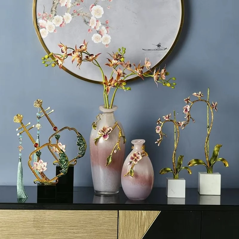 &c Exquisite Pink Glass Vase Decor Set Traditional Chinese Style Enamel Pink Floral Design Ornament for Luxury Home Decor