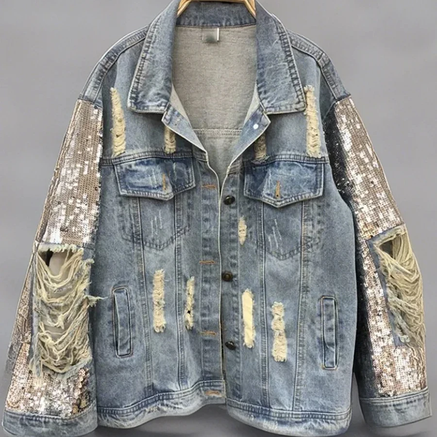 

Streetweat Patchwork Sequined Jacket for Women Y2k Trendy Lapel Long Sleeve Patchwork Tassel Casual Denim Coat Female Fashion