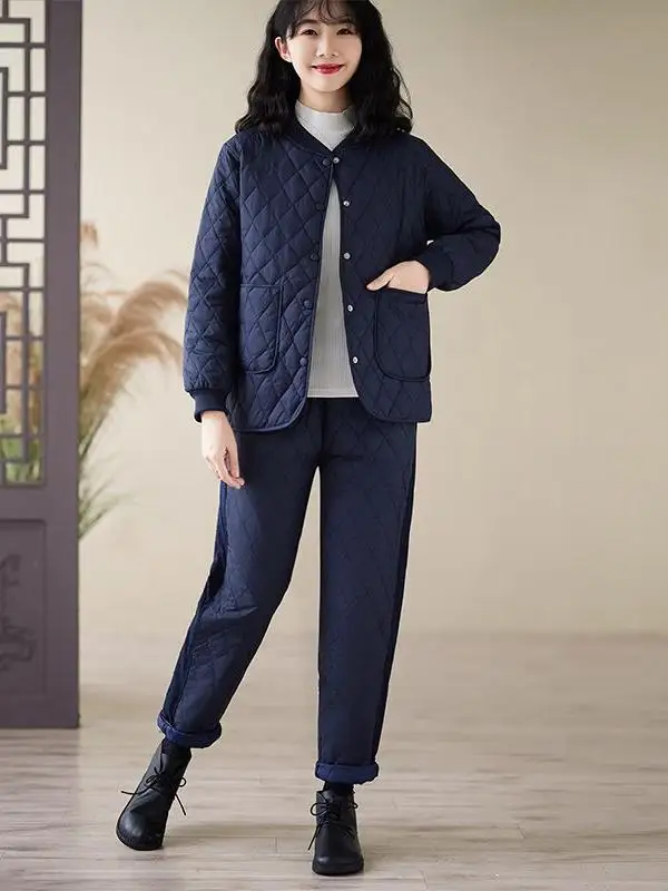 Conjunto de calças e Jaet de algodão Thiened para mulheres de meia-idade outono inverno Faion Outfit longo Sve com fecho de zíper xadrez Pat...