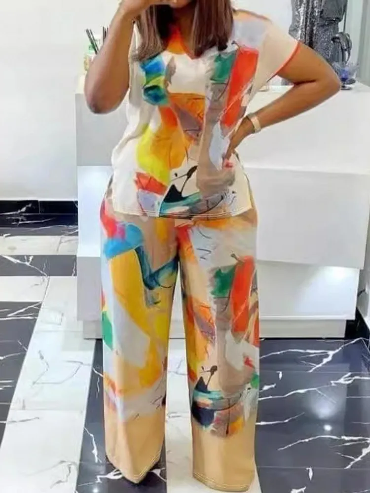 2 Piece Women Sets 2024 New Arrival Plus Size Summer Matching Sets Print Two Pieces Sets Top Pants Suits Outfits Clothing