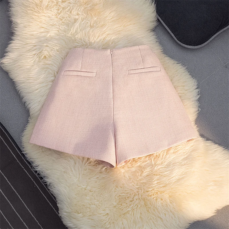 2024 Autumn Winter French Style Tweed Shorts for Women High Waist Slim Fit A Line Skirt Pants Wide Leg Woolen Casual Outerwear