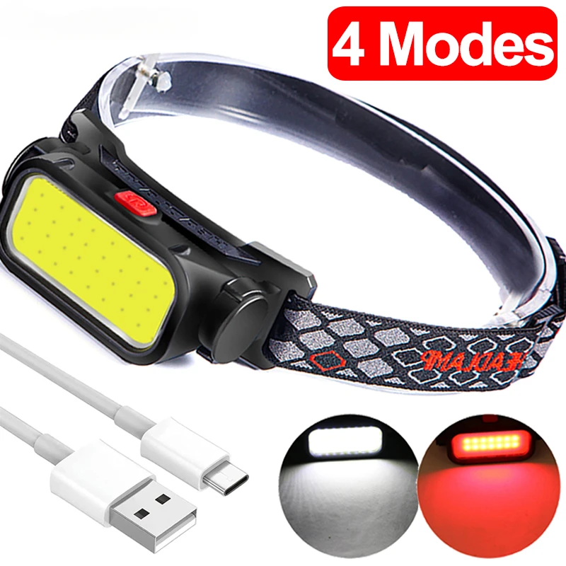 

COB Headlight With Red Light 4 Modes Waterproof Portable Night Fishing Head Lamp Torch Powerful LED Headlamps USB Rechargeable