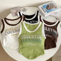 2025 Letter Printed Tank Woman Korean Fashion Colorblock Built In Bra Tanks Women Sleeveless Casual Sport Crop Top Dropshipping