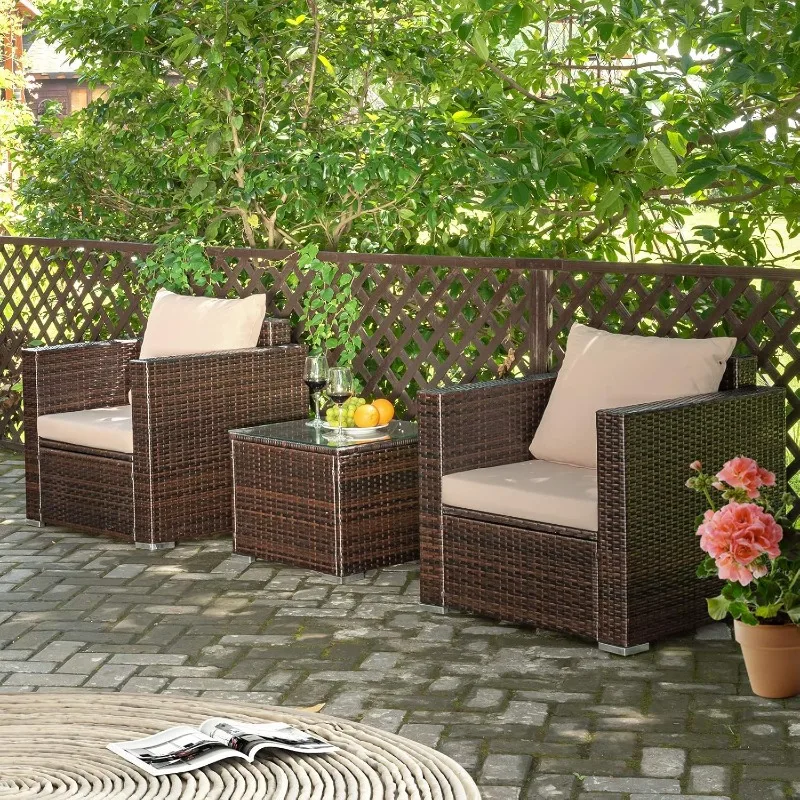 Tangkula 3 Pieces Patio Furniture Set, Outdoor Conversation Rattan Furniture Set W/Washable Cushion and Tempered Glass Tabletop,