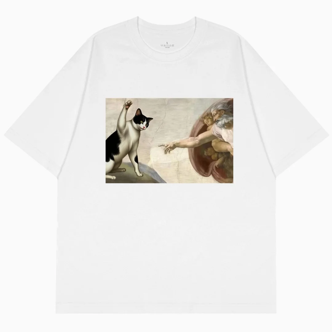 "عند يلعب يد الله مع قطة" مطبوعة جرافيك تي شيرت الصيف موضة الترفيه الراقية القطن الخالص الرجال والنساء تي شيرت