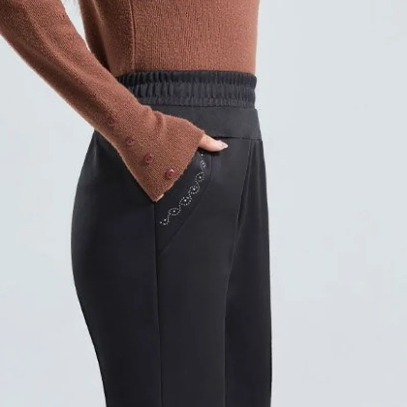 女性用ぬいぐるみストレートレッグパンツ,パッチワーク,ハイウエスト,ポケット,単色,厚く,ゆったりとした伸縮性,ファッショナブル,秋冬