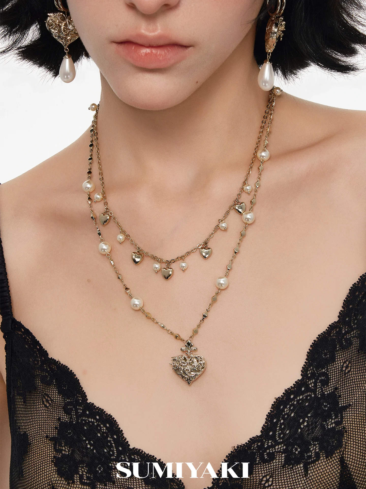 Genuine SUMIYAKI Angel Love Series, Double-sided Embossed Love Double-layer Necklace Earrings Set