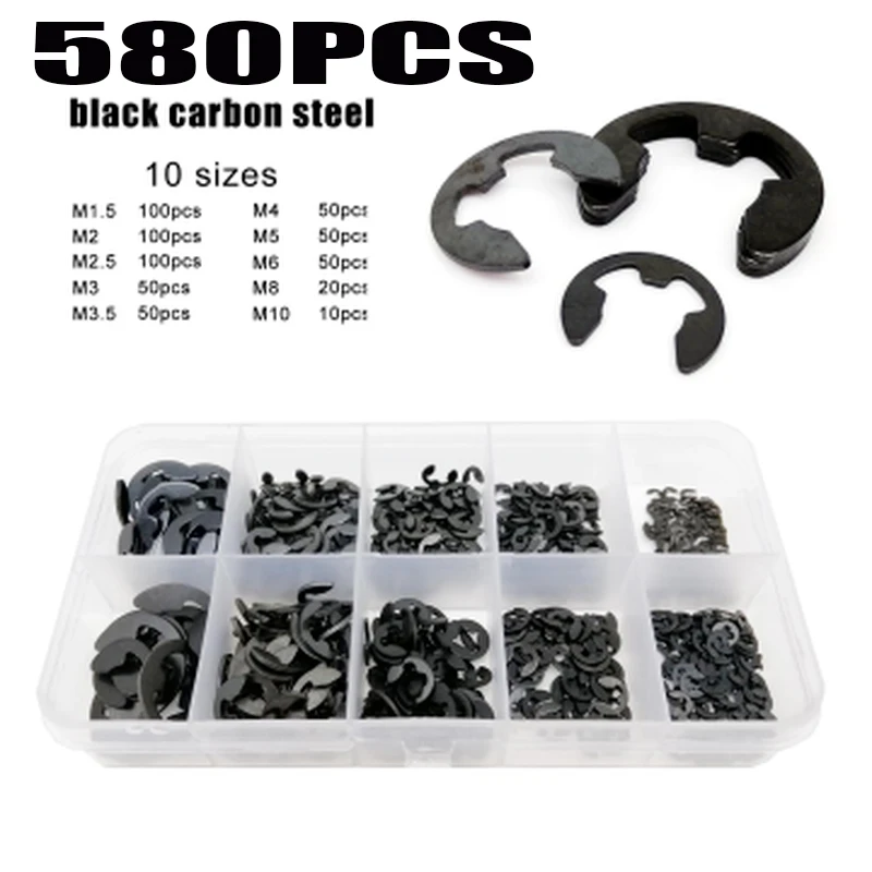 

580pcs Assortment Kit Set Box 1.5-10mm Black Carbon Steel External Retaining Ring E Clip Snap Circlip Washer for Shaft