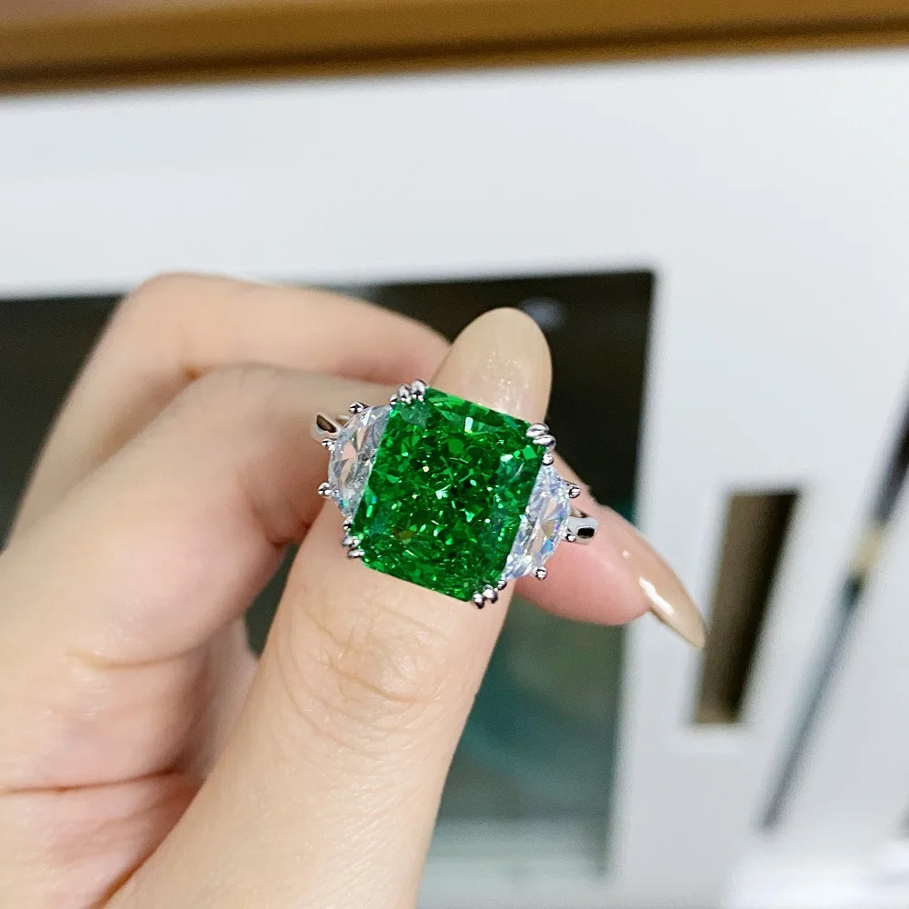 

S925 Sterling Silver Ring Women's Green Redion Cut Super Flash 8A Ice Flower Zirconium Business Dinner
