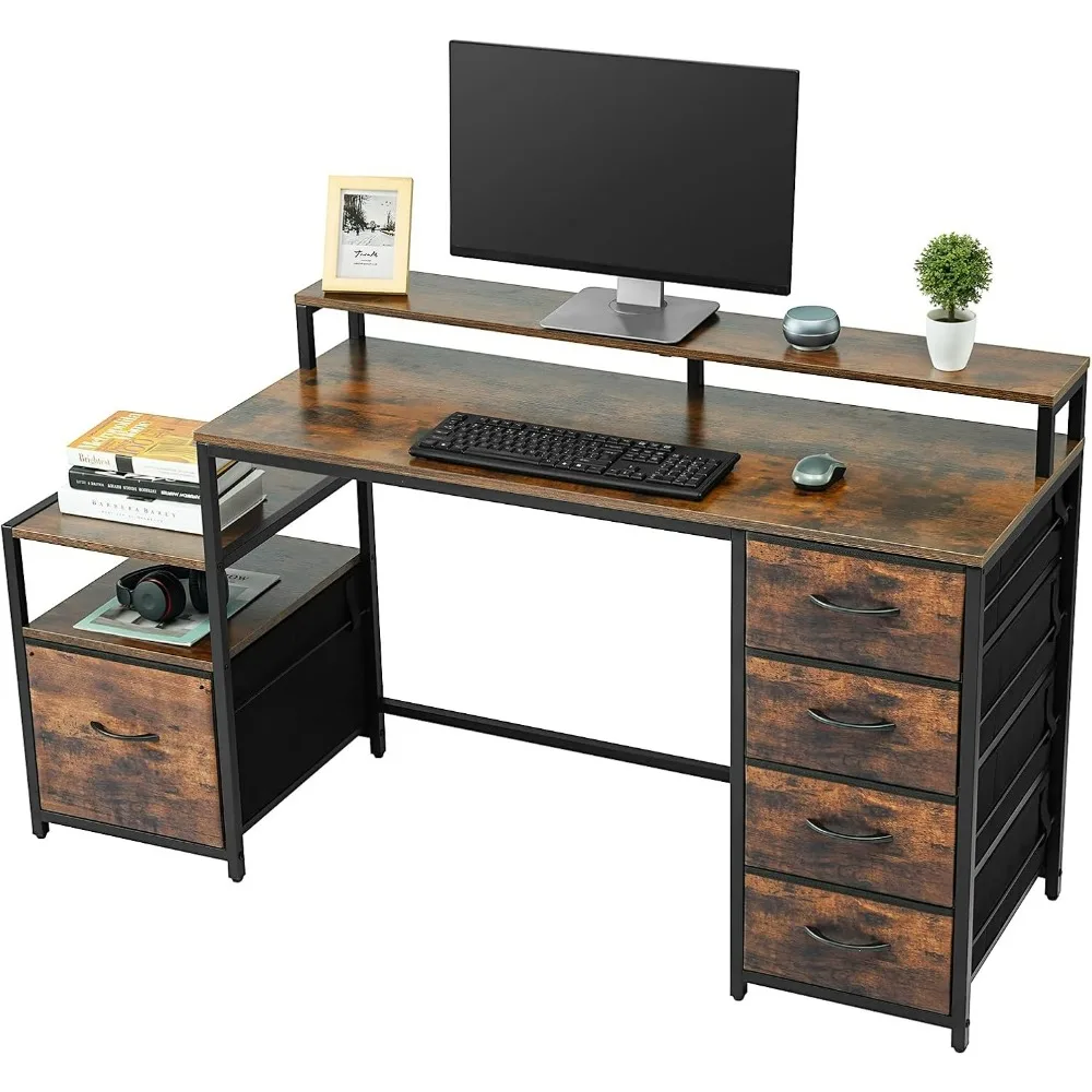 

Compact Computer Desk with Storage Shelf/Cloth File Drawer for Letter Size/Monitor Stand Study Table for Home Office