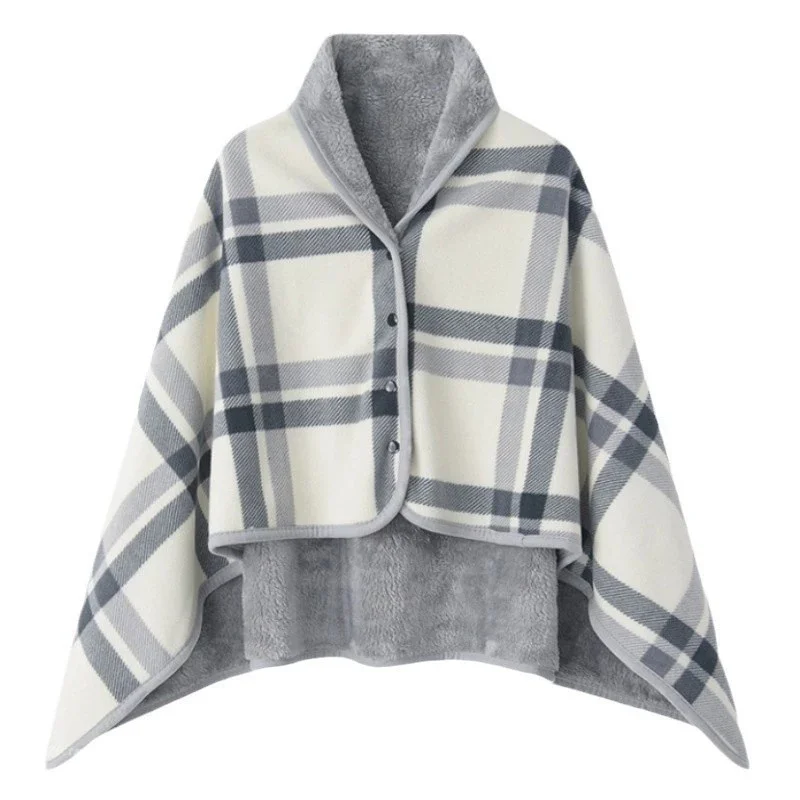Fleece Wearable Blanket, Plaid Lap Blanket Comfy Poncho Throw with Button Plaid Throw Cushion for Bed Sofa Office