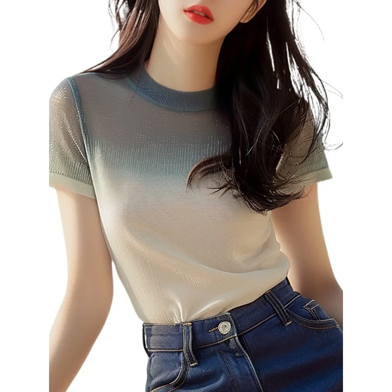 Boweylun New Gradient Color Casual Round Neck Short Sleeve T-shirt Women's Summer Skin-friendly Breathable Slim Tops Girls