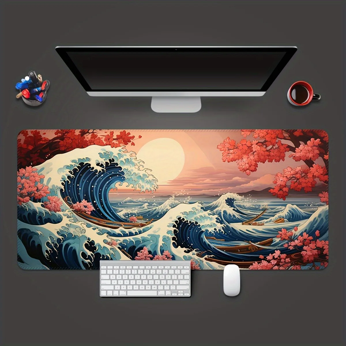 Classic Ukiyo‑e Great Wave Cherry Blossom Mouse Pad, Japanese Ocean Art Non‑Slip Rubber Extended Desk Mat for Home PC Gaming