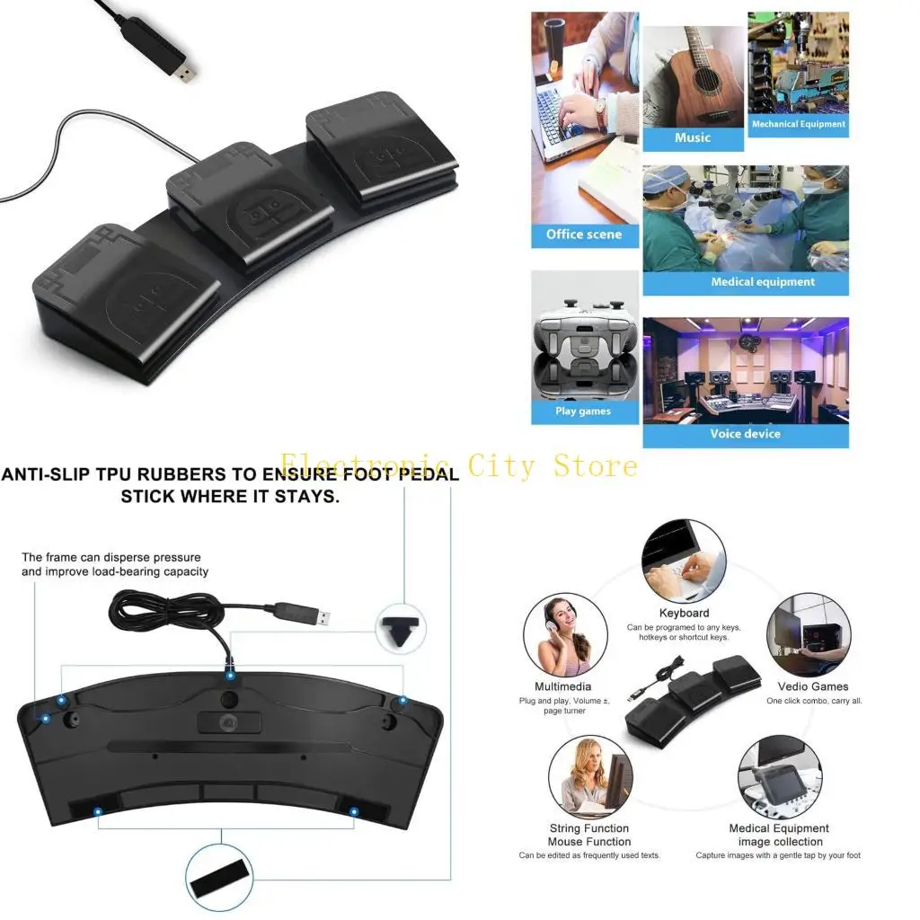 

USB Foot Pedal With Customizable Macros For Multimedia And Equipment Control HU8D