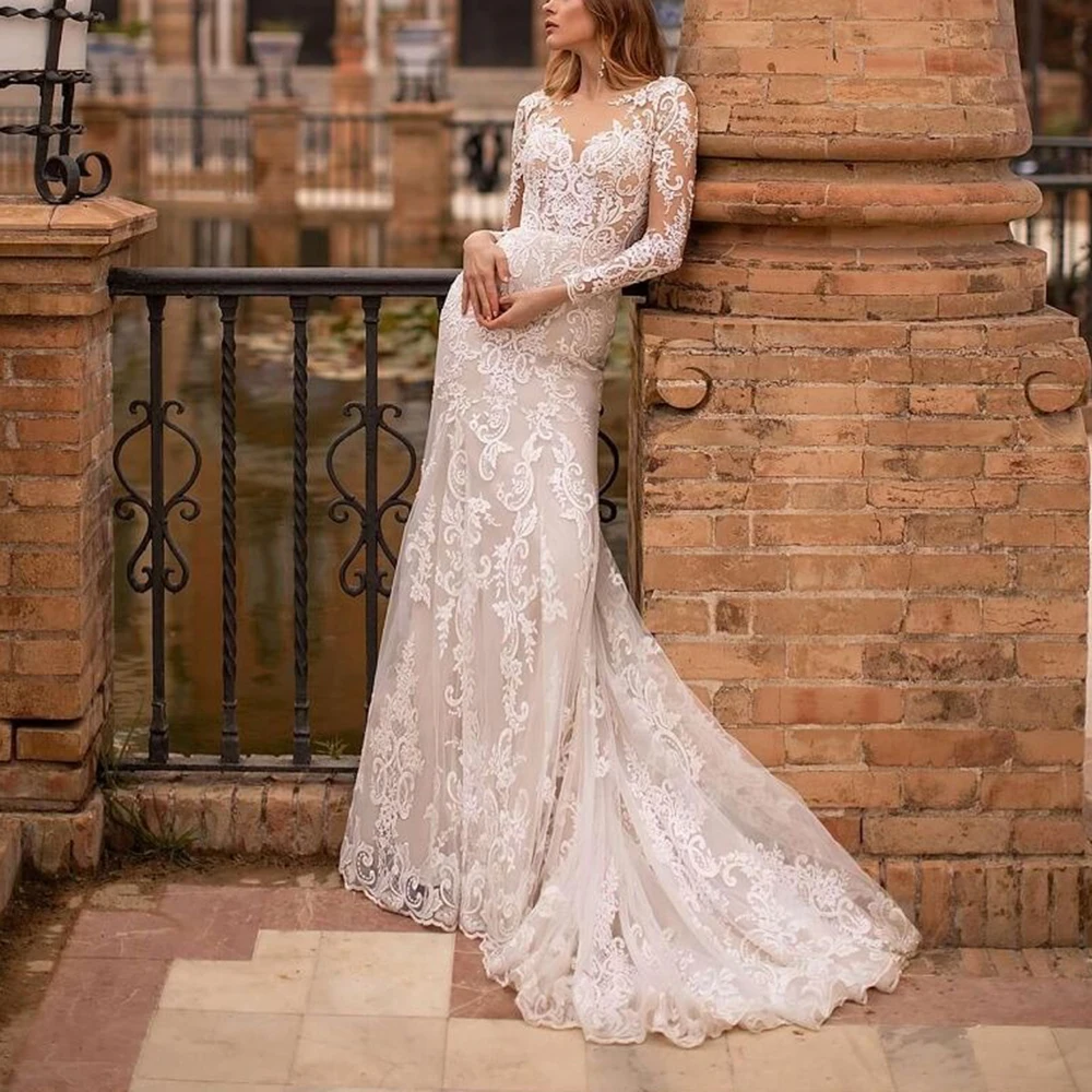 Illusion Appliques Lace Mermaid Sexy Boho Wedding Dress Long Sleeve Train Long Beach Bridal Dress Custom Made свадебное