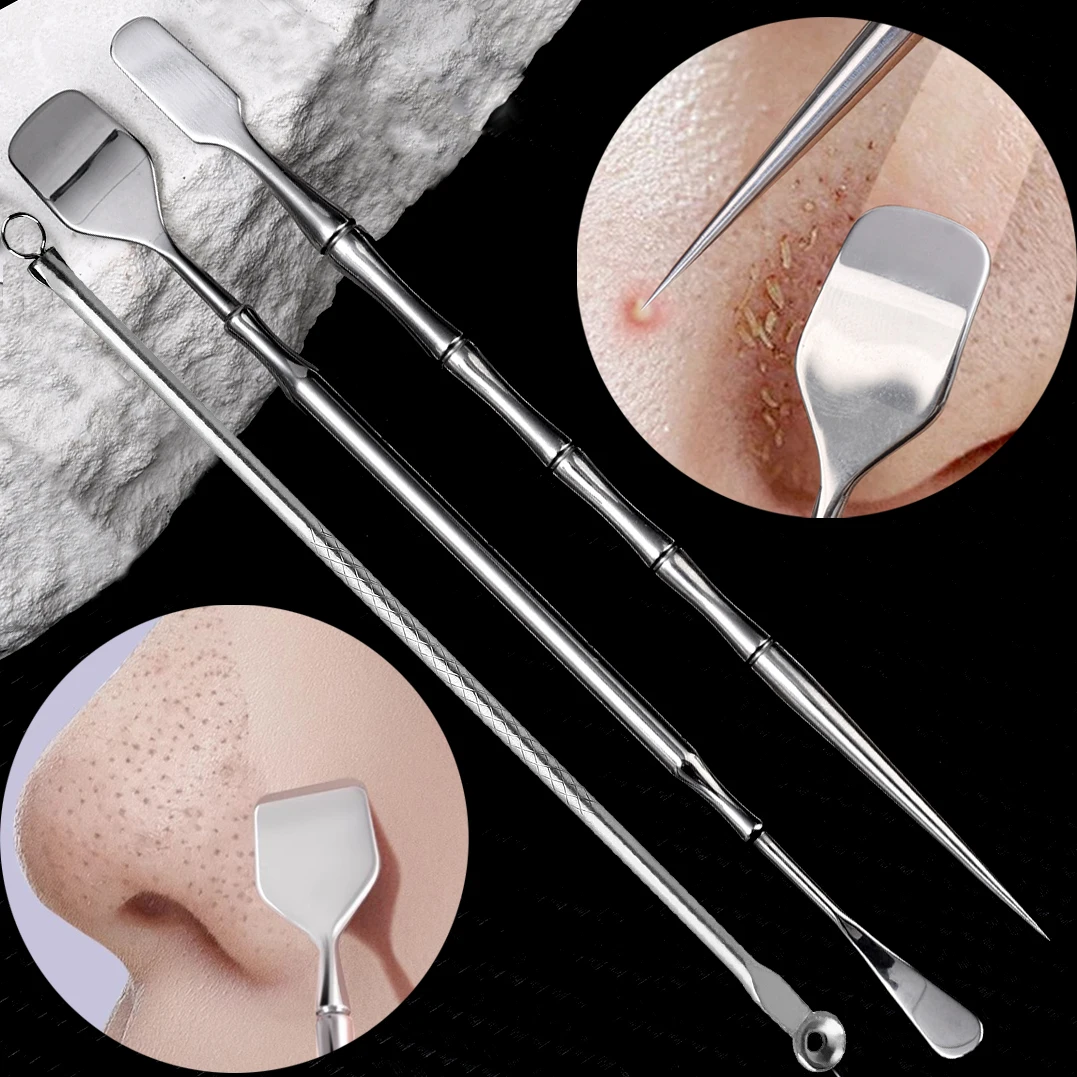 Stainless Steel Blackhead Shovel Needle Remover Set Cleaner Tool Needles Pore Deep Cleansing Tweezers Face Skin Care Kit Ools