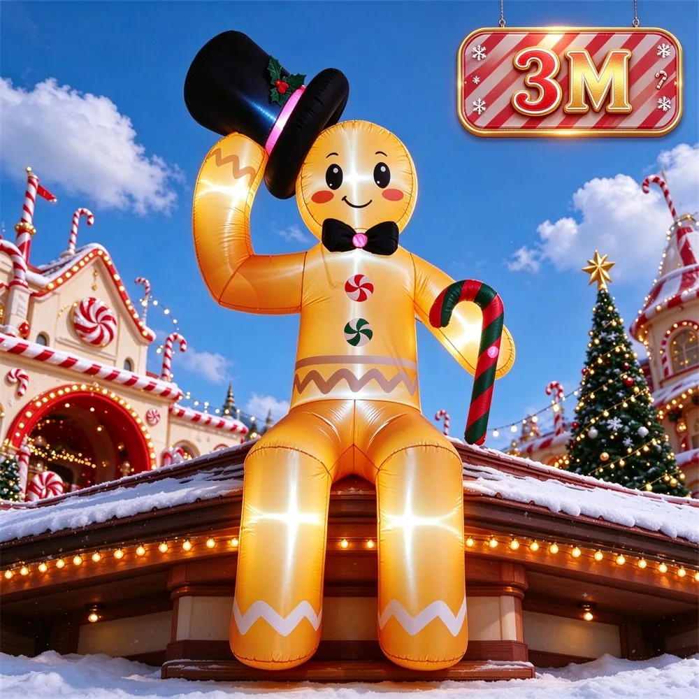 2.5M/3M Merry Christmas Gingerbread Man Inflatable Giant Blow Up Model With LED Lights Festive Outdoor Roof Garden Decoration