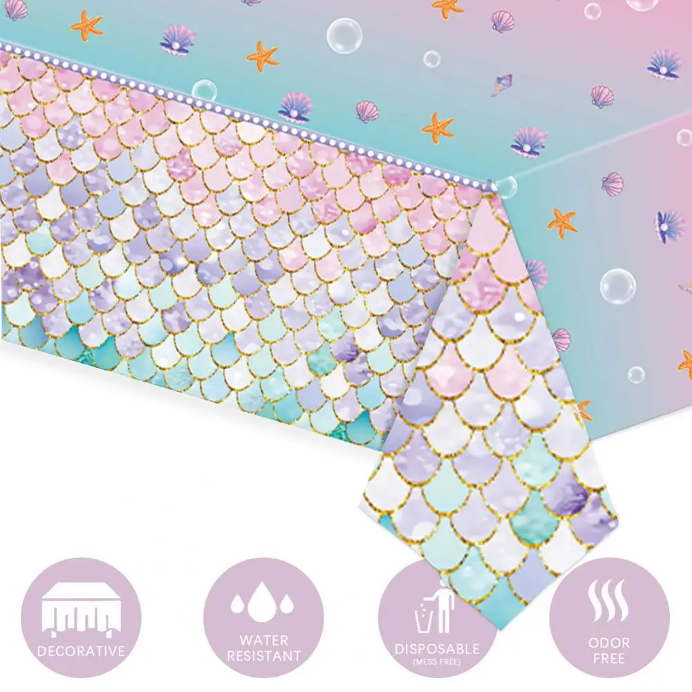 

Mermaid Themed Tablecloth Waterproof Tablecloth Mermaid-inspired Party Tablecloths Glittery Shell Designs with Oceanic for Kids'