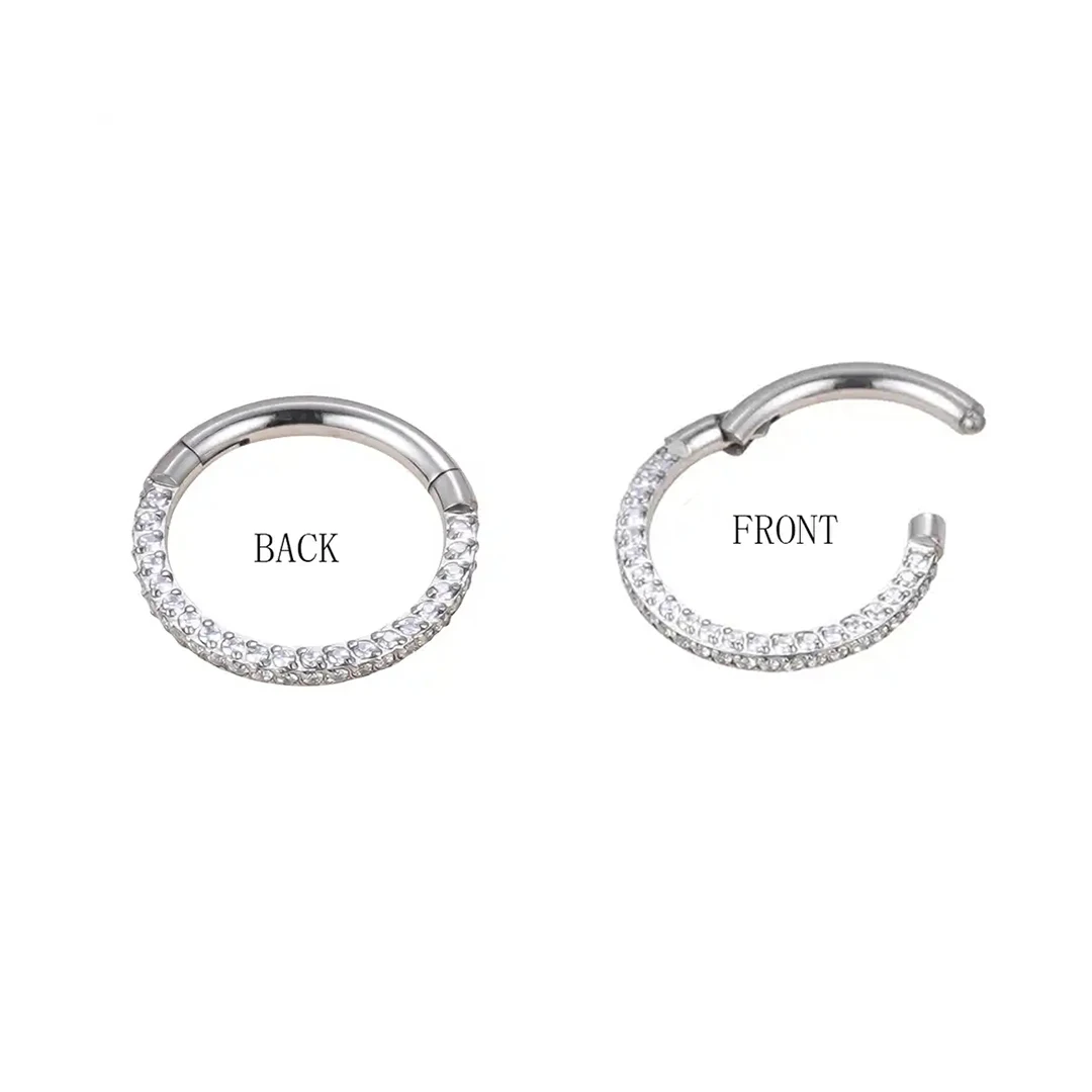 Astm F136 Titanium Hinged Segment Hoop Rings Zircon On Three Sides Nose Septum Earring Jewelry Titanium Piercing