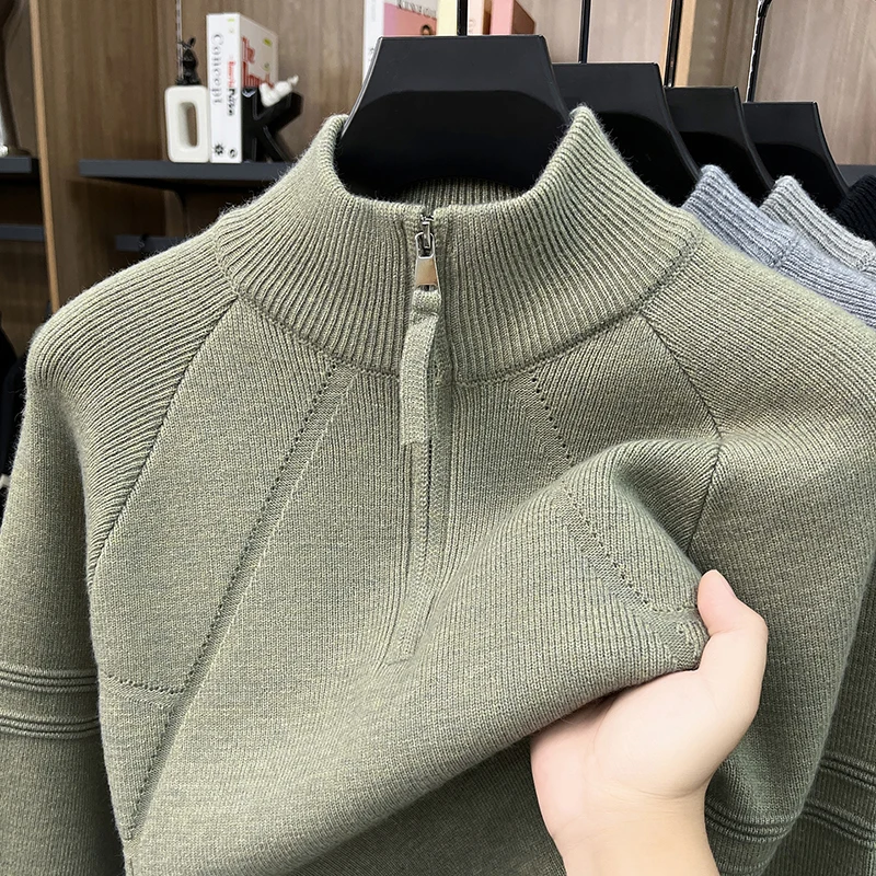High end men's new knitted sweater fashion half zipper stand up collar warm thicken autumn winter solid color casual pullover