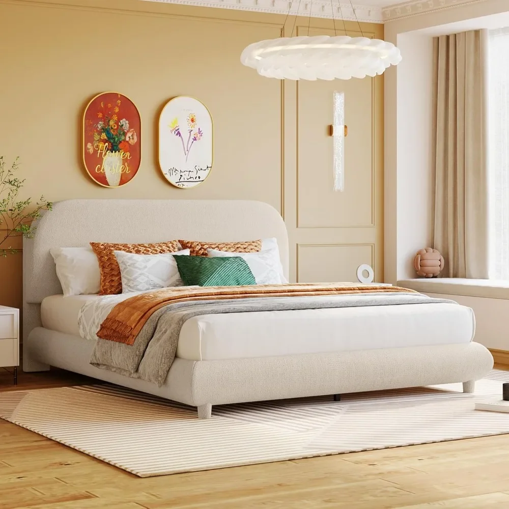 Queen Upholstered Platform Bed, Solid Frame and Stylish Curve-Shaped Design,for Kids Teens Adults, Bedroom Bedroom Beds Frames