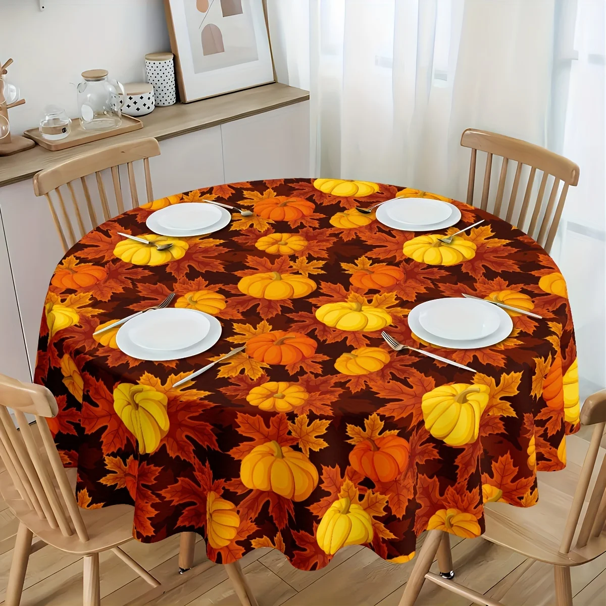 1pc Thanksgiving tablecloth - Round rectangular autumn decoration, featuring maple leaves and pumpkins - Durablezyc