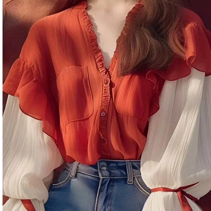 Chiffon Vintage Women\'s Shirts Spring/summer New Patchwork Women Shirts Loose Long Sleeves Tops Fashion Korean Clothing Sales