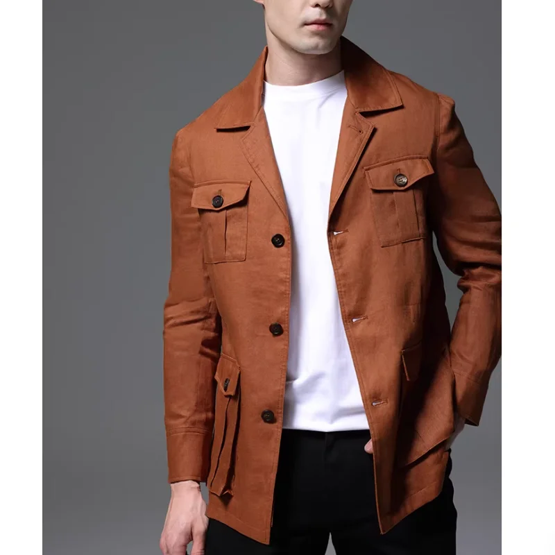 European and American Men's Hunting Jacket Handmade Pure Linen British Retro Slim Fit Hunting Jacket