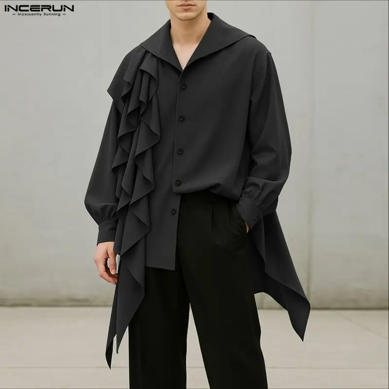 INCERUN Men Irregular Shirt Solid Color Lapel Long Sleeve Ruffle Men Clothing Streetwear Loose 2025 Fashion Casual Shirts Camisa