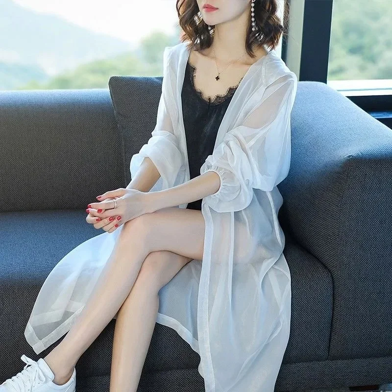 

2025 New Sun Protection Clothing Thin Windbreaker Women's Long-Sleeved Mid-Length Hooded Outerwear Loose Chiffon Cardigan Jacket