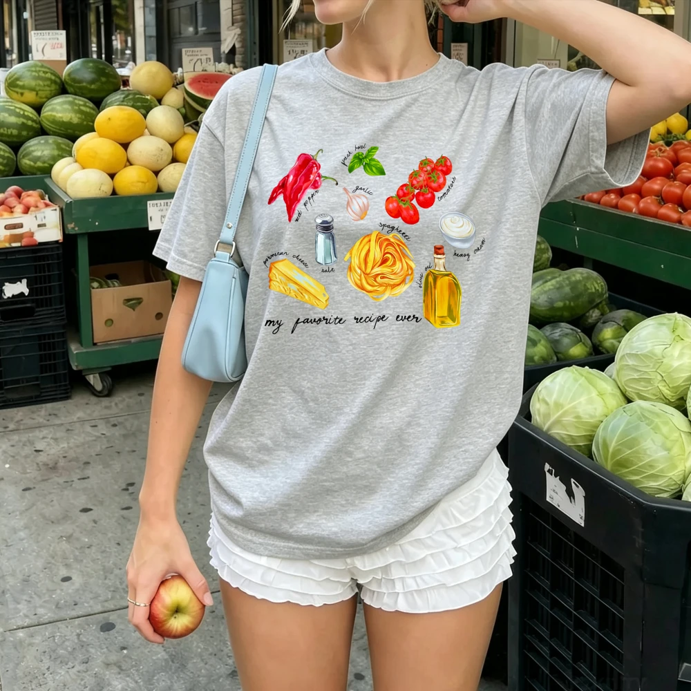 Women Tshirt Italian Pasta Recipe Ingredients Watercolor Print Chili Basil Garlic Tomato Cheese Olive Oil Cotton Tee Food Recipe
