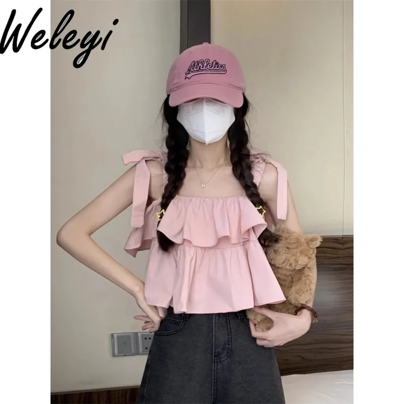 

Summer Pink Small Sling Vest Women's Inner Wear Square Collar Tops Hot Girl Outer Wear Underwear Sleeveless Short Backless Top