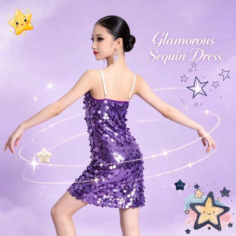 Girls Sequin Latin Dance Dress Sleeveless Backless Stage Costume Kids Exam Competition Ballroom Rumba Samba Cha Cha Outfit