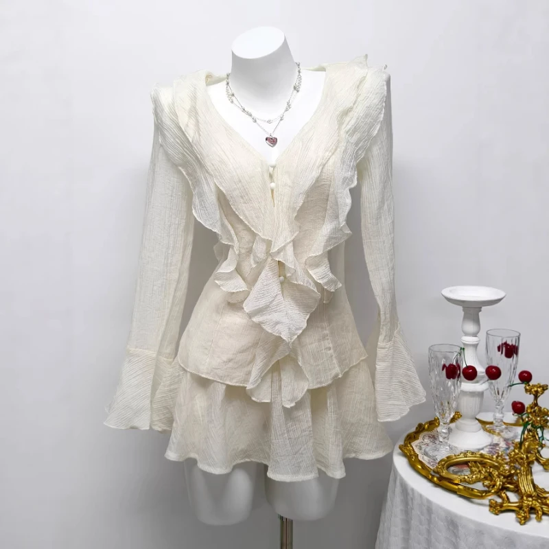 

Women Two Piece Sets Shorts Skirt Set V Neck Full Sleeve Ruffles Tops Short Skirts Pants A Line High Waist Y2k Streetwear 2026