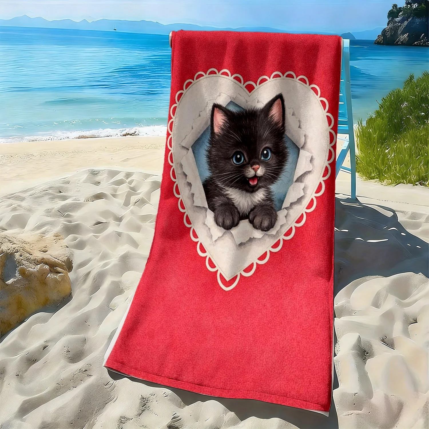 

Cute kitten heart-shaped hollow pattern polyester microfiber beach towel highly absorbent, suitable for swimming beach outings