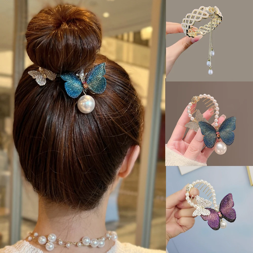 Retro Butterfly Hair Clips Hanging Beads High Pill Head Pearl Hair Claws Women Elegant Hairpins Ponytail Buckle Hair Accessories