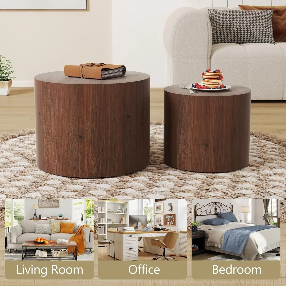 Nesting Coffee Table Set of 2, Round Walnut Wooden Coffee Tables Modern Circle End Table Side Tables for Small Spaces