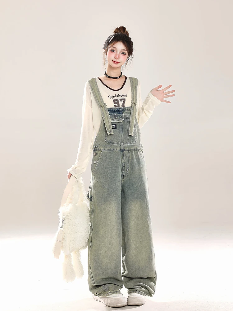 2026 Spring Autumn New Style Women's Denim Overalls Wide Leg American Retro Slimming Youthful Looking High Waist Jeans