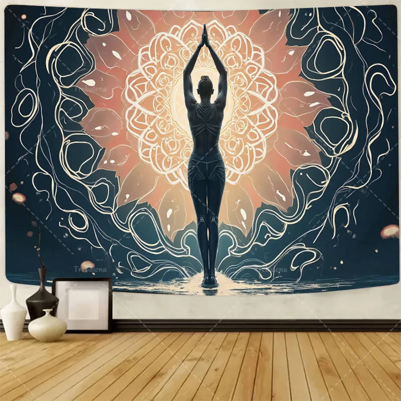 

1 шт. настенный гобелен силуэт йоги с цветочным гобеленом Мандала-шик настенный художественный декор в стиле бохо
