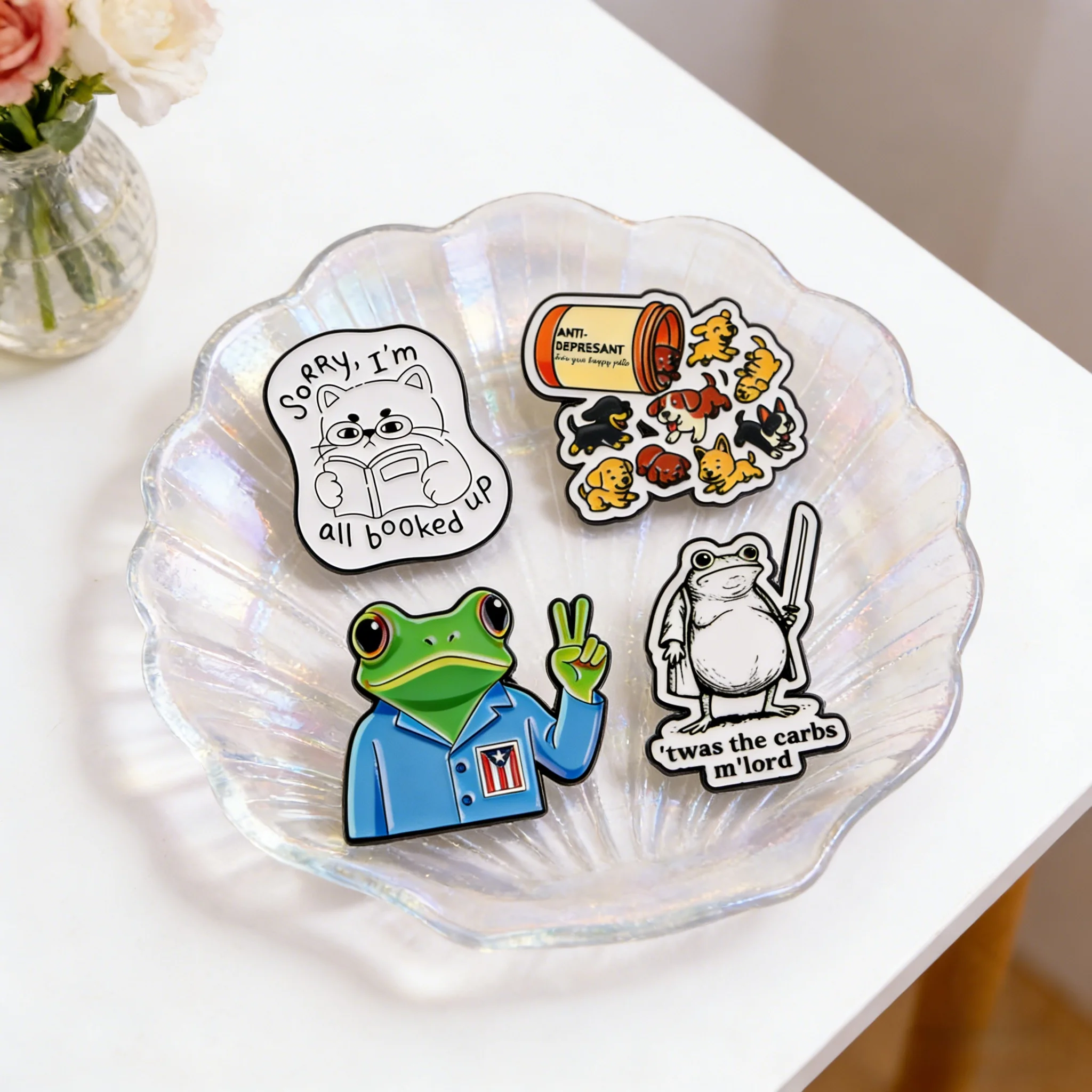 Happy Pill Dog Enamel Pins Animals Frog Cat Quotes Brooch Lapel Pin Badge on Backpack Clothing Accessories Fashion Jewelry Gifts