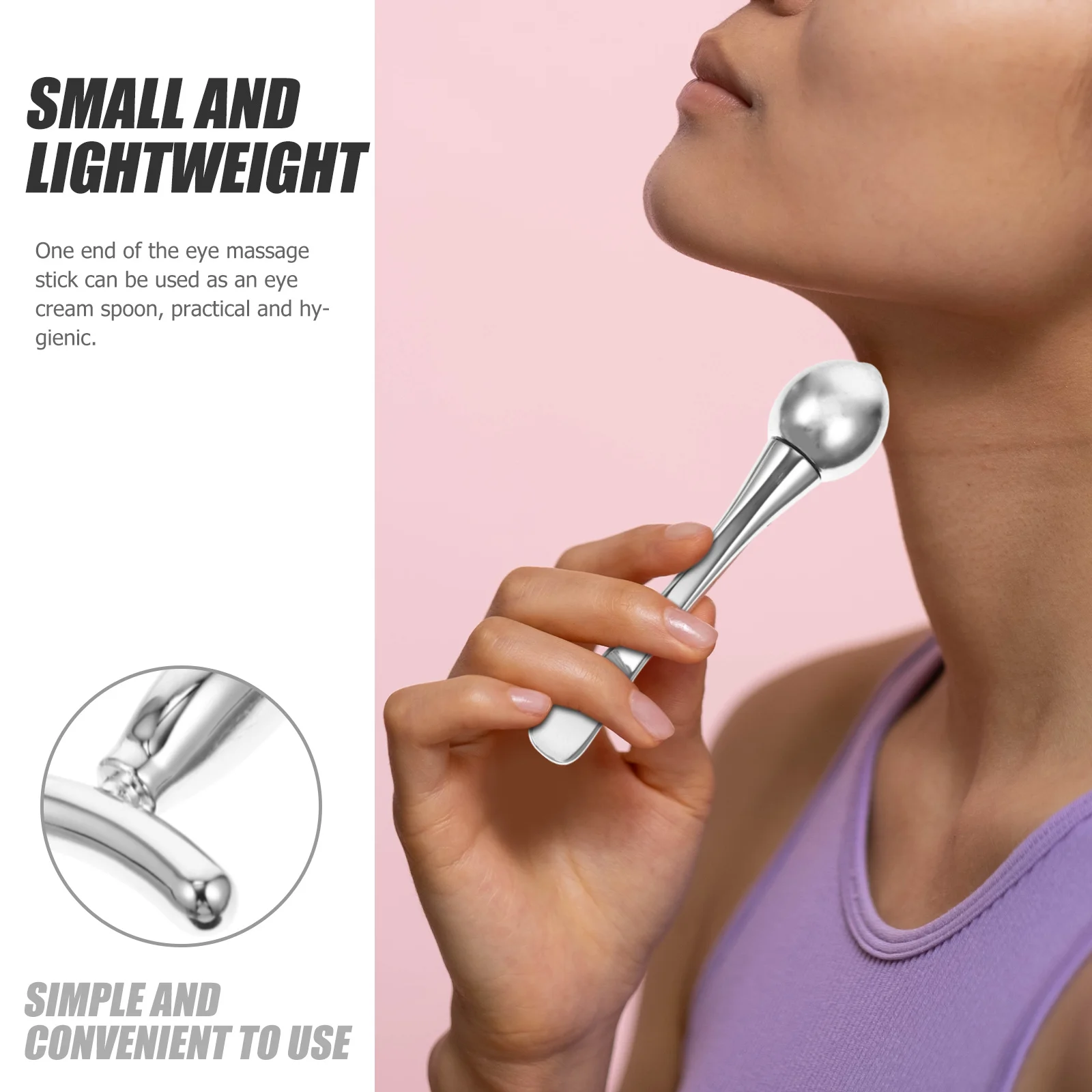 แท่งนวดตา 2 ชิ้น พร้อมลูกกลิ้งสองด้านและที่ทาแบบช้อน สำหรับลดถุงใต้ตา บรรเทาอาการเหนื่อยล้า สำหรับผู้หญิง ใช้ในชุดดูแลความงาม