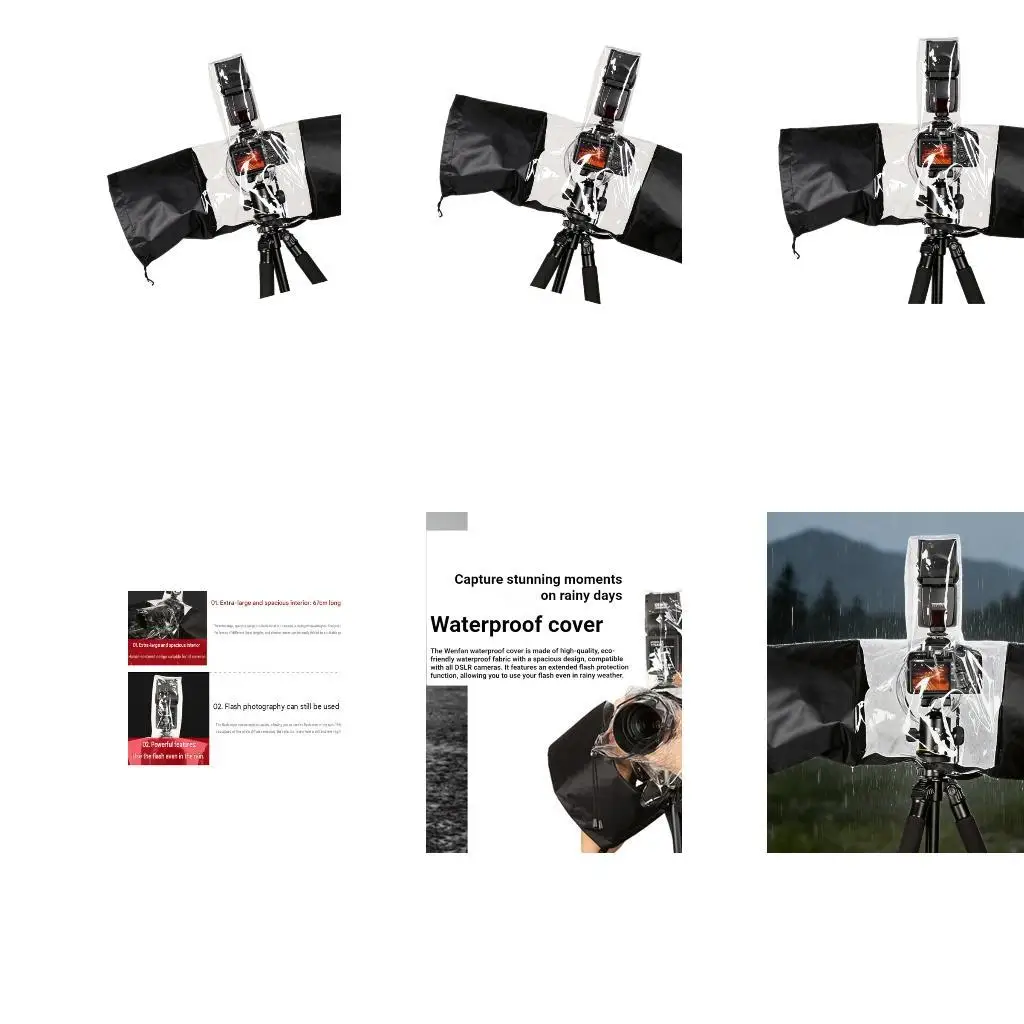 Telephoto Lens Camera Rain Cover with Two Side Access Sleeves, a Clear Center Panel, for Lens Movement and Camera D2RC