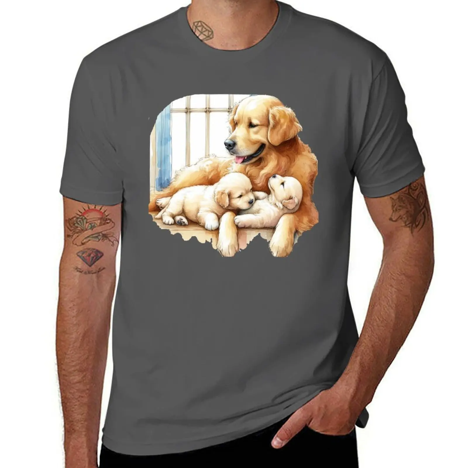 

and , Puppies Retriever Golden Mom Sketch T-Shirt Fashion Casual Short Sleeve T-Shirt