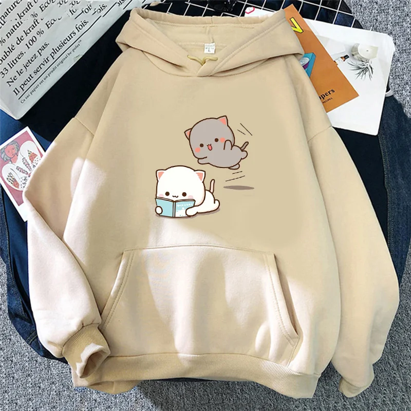 Novelty Design Couple Hoodies Kawaii Peach Cat Print Femme Hoodie Casual Winter Korean Style Camiseta Mujer Hoodie Wholesale