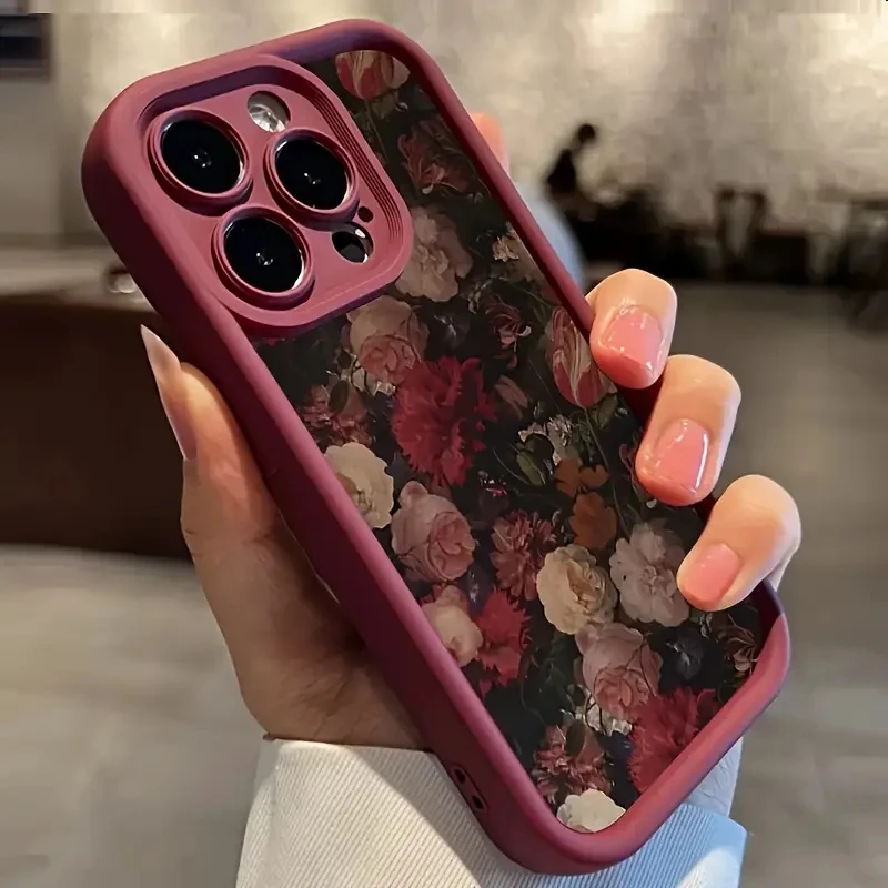 Moonlit Red Flower Printed Phone Case For iPhone 16 Pro Case iPhone 11 13 12 14 15 Pro Max XR XS X 7 8 Plus SE2 Shockproof Cover