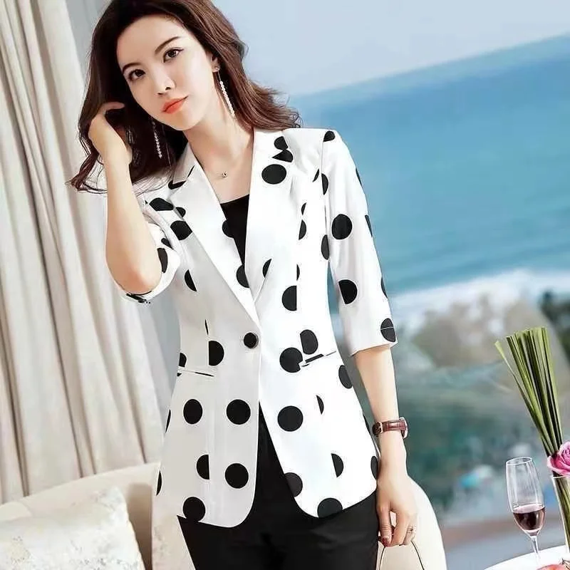 

2023 New Polka Dot Ssuit Jacket Female Ins Spring Summer Korean Thin Section Slim Fashion Print A Buckle Blazer Mother Tide