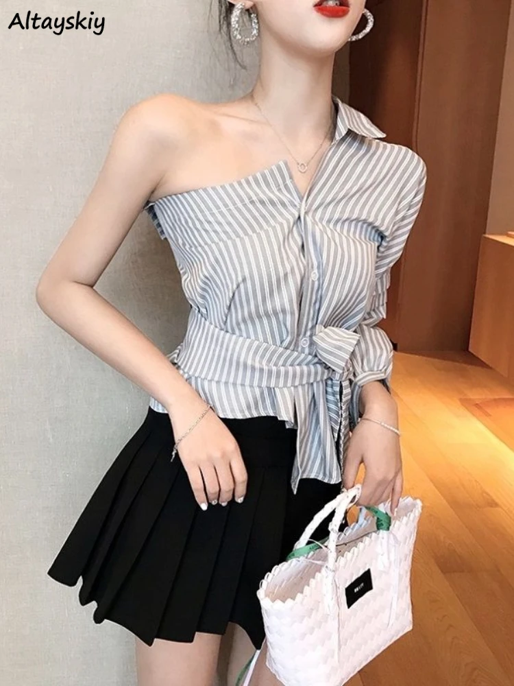 

Полосатые рубашки женские с открытыми плечами на шнуровке винтажные весенние корейские стильные приталенные универсальные дизайнерские женские уличные модные повседневные рубашки