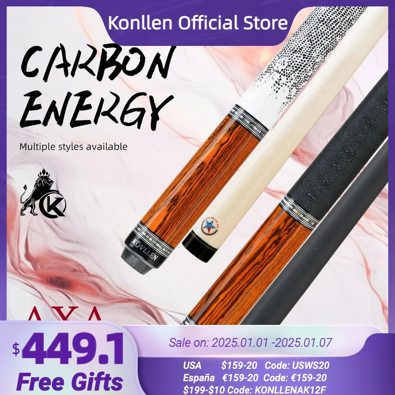 KONLLEN Carbon Fiber Pool Cue AXA Series with Handmade and Inlay Cues Stick Professional Low Deflection Pool Stick with case